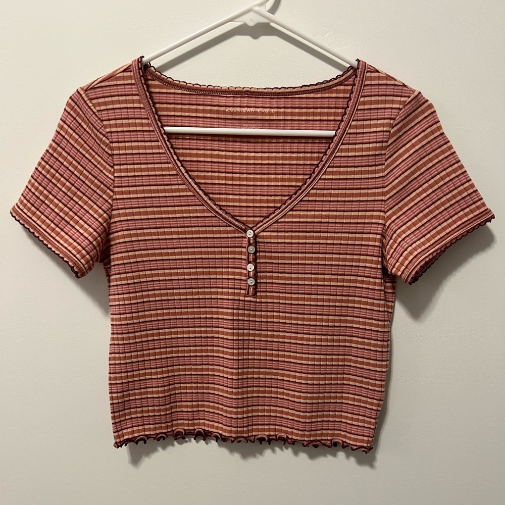 American Eagle Striped Lettuce Edge Tee Size S
